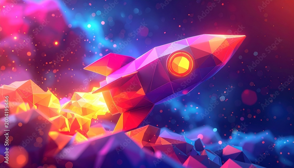 Fototapeta premium Low-poly rocket soaring through a colorful, abstract, and dynamic space