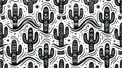 Mexican Cactus Seamless Pattern Vector Illustration, Ornamental Desert Succulent Background in Folk Art Style