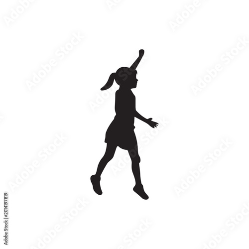 Black silhouette of a girl jumping, playful kid illustration, dynamic pose, minimalist design vector, icon, eps,
