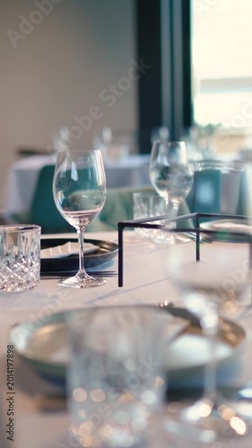 Catering service on banquet table with canape snacks in restaurant or hotel. Decorated food set on birthday, wedding celebration or business conference event venue
