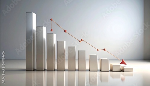 Visual representation of a downward trending bar chart with a red line graph illustrating a decline in performance or data over time