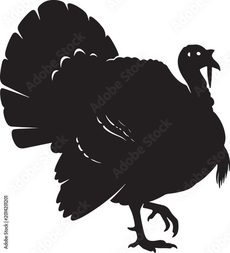 Konstfotografi Black silhouette of a turkey standing on one leg with fanned tail feathers also