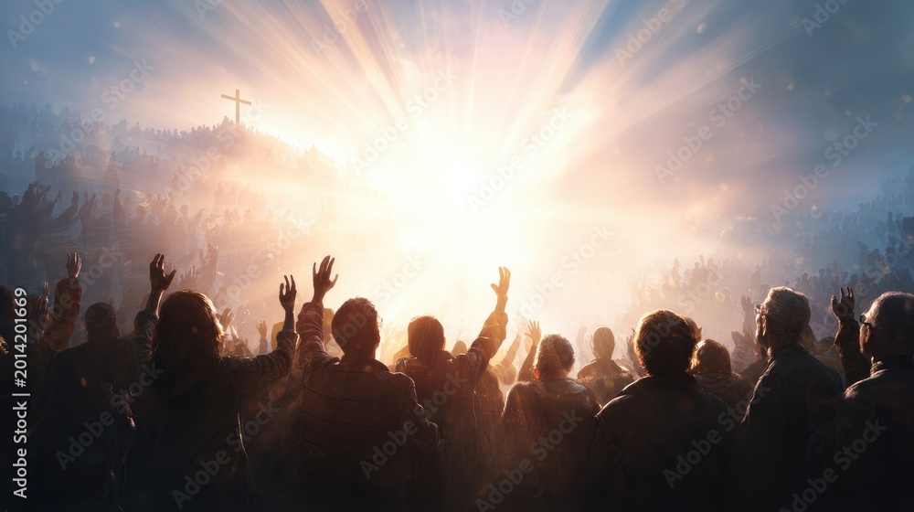 Fototapeta premium Biblical Scene of People with Light Dsscends Upon Them