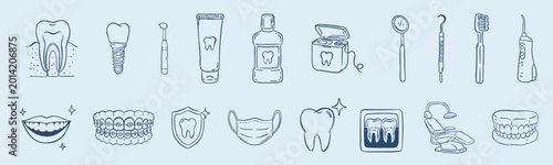 Doodle dental care icon set. Professional stomatology linear symbols: tooth, braces, implant, dental tools, toothpaste, and chair. Minimalist hand-drawn vector elements for clinic branding.