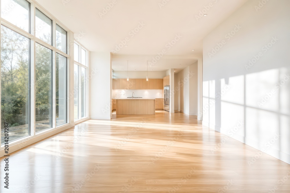Fototapeta premium Bright, empty modern apartment interior with large windows and hardwood floors, a spacious new home or renovated condo, minimalist design for real estate and architectural projects