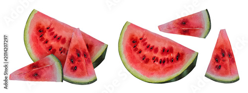Billede på lærred Watercolor illustration set of a red watermelon slices with green rind in a realistic style