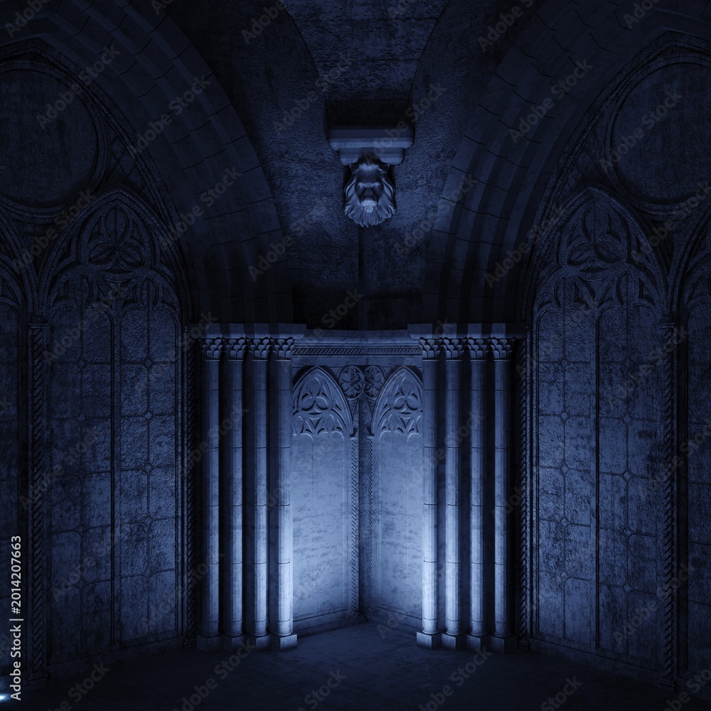 Naklejka premium Abandoned night castle with a large gothic window or crypt
