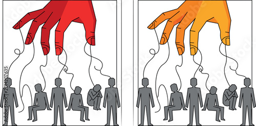 Cuadro en lienzo Set of Manipulation and Control Illustrations Featuring Hands Controlling People