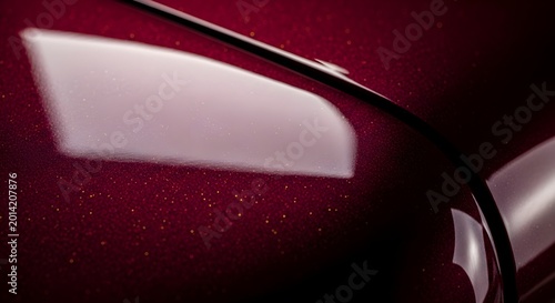 Close up of a shiny red car surface with reflections.