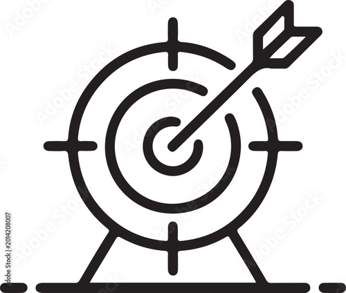 Black and white icon of an arrow hitting a target board perfectly centered