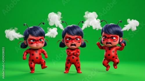 Three Angry Ladybug Cartoon Characters with Red Masks and Expressions.