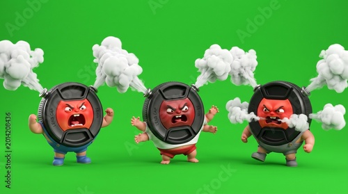 Three Angry Lens Caps with Steam Erupting from Their Heads.