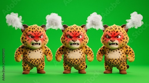 Three Angry Leopard Cartoon Characters with Steam Coming Out of Ears.