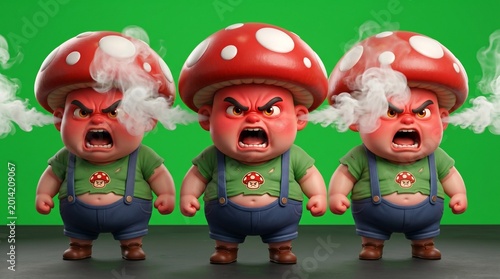 Three Angry Mushroom Cartoon Characters with Red Caps and Steam.