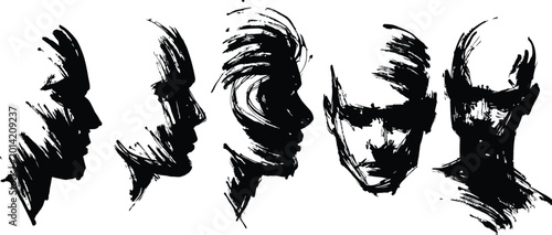 Black and white sketch of five male faces