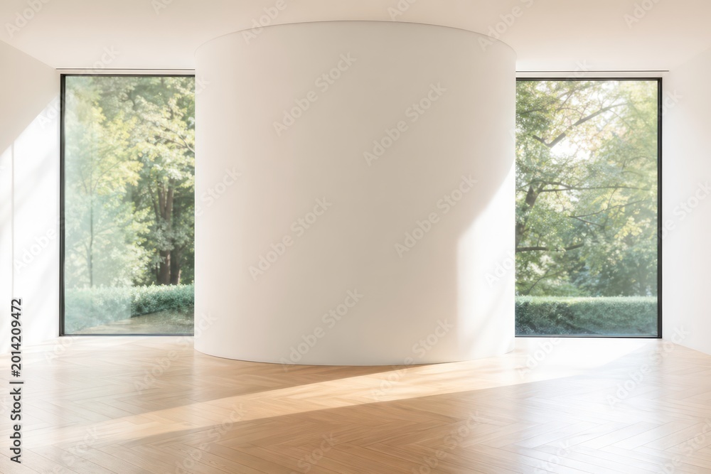 Fototapeta premium Minimalist modern interior, sunlit empty room with large windows, contemporary architectural space, clean design for real estate and home decor concepts