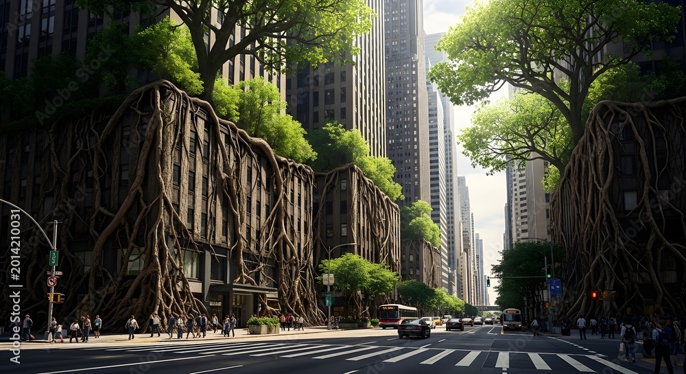 Naklejka premium Futuristic Cityscape with Lush Greenery Overgrowing Buildings.
