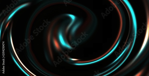 Smooth glowing spiral cyan and orange light twisting on dark background, neon light, banner, backdrop, header, poster, cover design