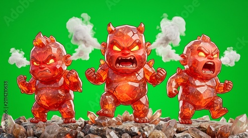 Three Angry Red Cartoon Devils with Smoke and Horns.