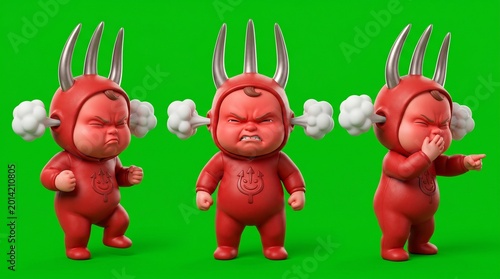 Three Angry Red Devil Cartoon Characters with Steam Clouds.