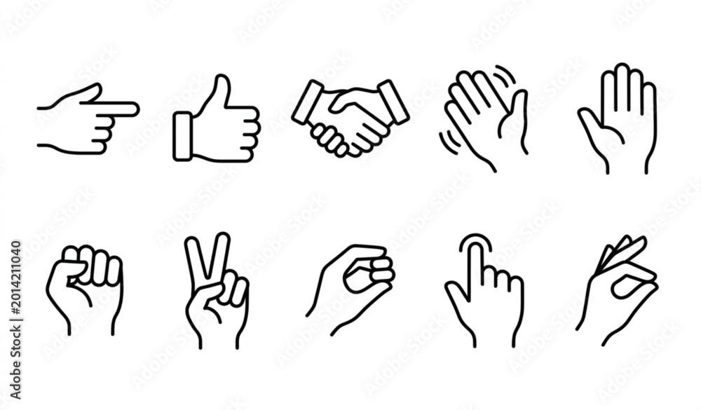Fototapeta premium Outline hands icon set illustrating human gestures and finger signs in modern linear vector style