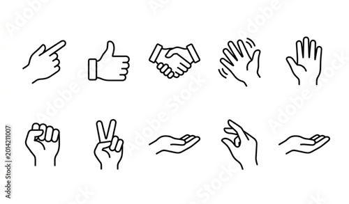 Tableau sur toile Outline hands icon set illustrating human gestures and finger signs in modern li