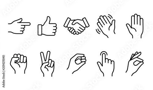 Bilde på lerret Outline hands icon set illustrating human gestures and finger signs in modern li