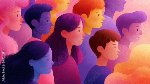 Diverse children standing together symbolizing unity, equality and childhood. Colorful abstract illustration, Diversity, inclusion. International Children’s Day