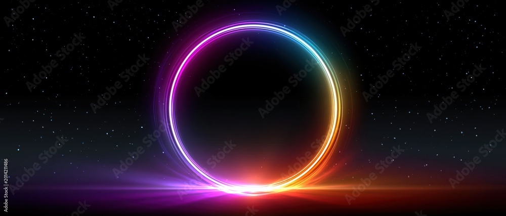 Fototapeta premium Futuristic glowing neon portal ring on dark cosmic background, abstract sci fi energy circle with vibrant light trails