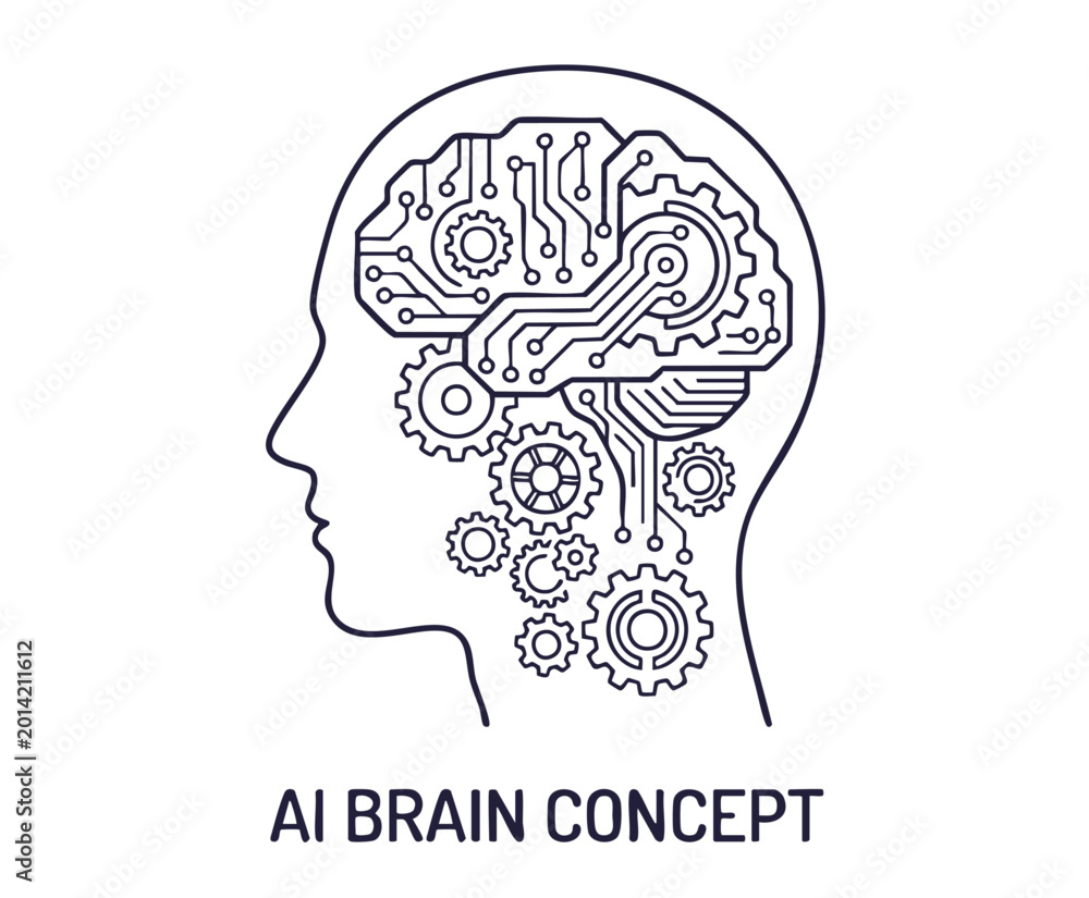 Obraz premium Human head silhouette with gears and network illustrating AI thinking process brainstorming intelligence system connection artificial intelligence problem solving