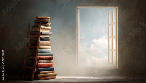 A stack of books with the spines forming a ladder reaching up towards a bright, open window.