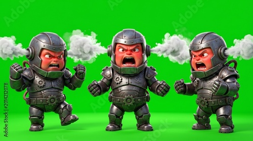 Three Angry Robot Characters with Steam and Fiery Expressions.