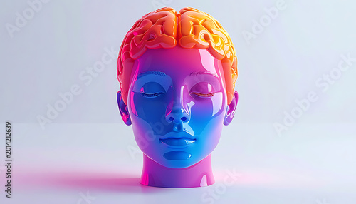 Abstract 3D head sculpture with pixelated brain, vibrant neon blue and pink lighting, representing artificial intelligence and cognition