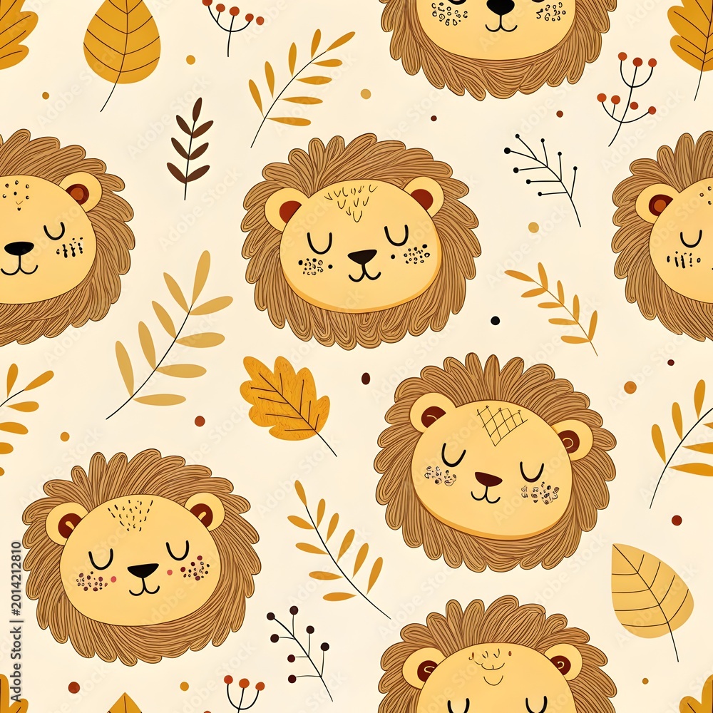 Fototapeta premium Lion and Foliage Seamless Pattern: A charming pattern showcasing the face of a lion, interwoven with autumn leaves, and floral elements, creating a cohesive and harmonious design. 