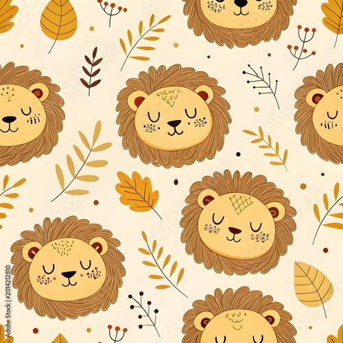 Lion and Foliage  Seamless  Pattern: A charming pattern showcasing the face of a lion, interwoven with autumn leaves, and floral elements, creating a cohesive and harmonious design. 