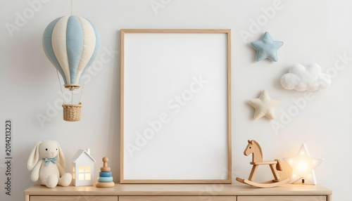 Nursery room decor with hot air balloon, rocking horse, and stuffed bunny