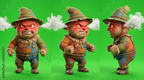 Three Angry Scarecrow Characters with Steam Coming from Ears.