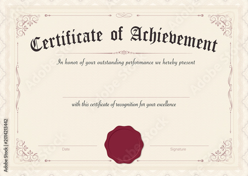 Фотография Elegant certificate of achievement with ornate border and wax seal for recogniti