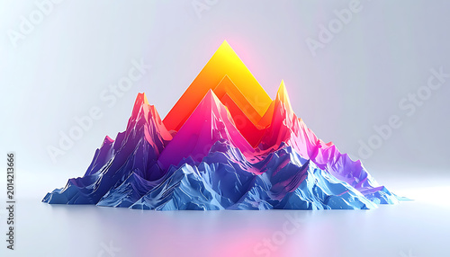 Abstract 3d mountain landscape rendered in pixels with glowing orange peak, gradient colors from blue to pink, data visualization concept