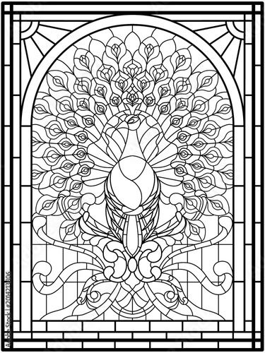 Peacock Stained Glass Pattern for Adult Coloring Book, Art Nouveau Line Art Illustration, Elegant Majestic Bird Vector Design with Ornate Feathers and Decorative Arch Border, Ready for Print or Digita