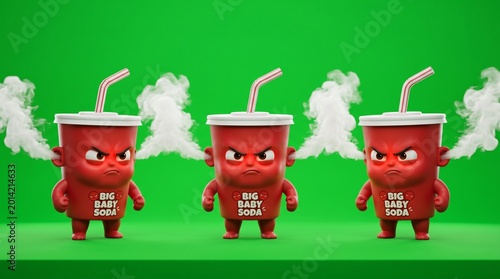 Three Angry Soda Cups with Steam and Straws on Green Background.
