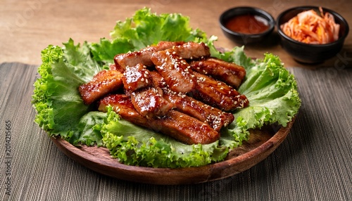 korean marinated barbecue pork meat serve on top of the green leaf lettuce placed brown wooden plate on the table korea cuisine tasty