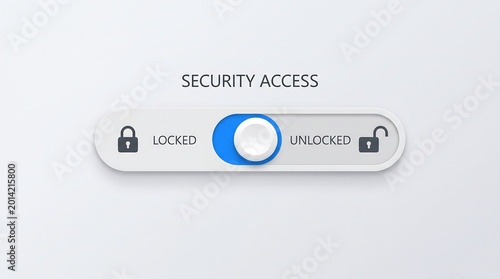 Minimalist security access slider ui component for mobile applications featuring a smooth blue toggle switch set to unlocked state on a clean light gray background interface