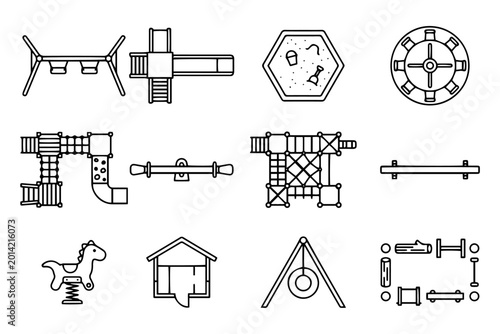 Top View Playground Equipment Floor Plan Line Icon Vector Set – Kids Park Layout Design Elements