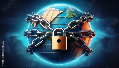a globe encased in chains and padlocks blocking free trade between countries locked global economy international restriction concept