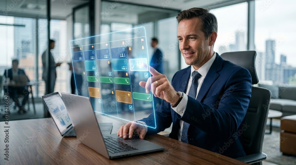 Fototapeta premium Businessman interacts with floating digital calendar in office