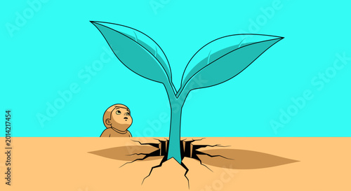 A small seedling sprouts from cracked dry earth, symbolizing new beginnings and growth.