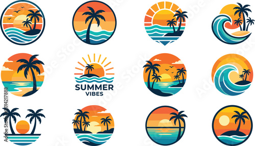фотографія Tropical summer beach badge collection featuring sunset waves, palm trees, islan