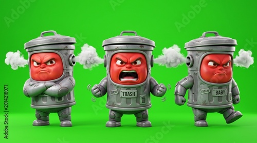 Three Angry Trash Can Characters with Red Faces and Steam.