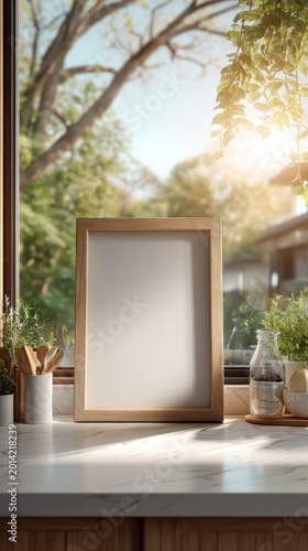 Wooden Picture Frame on Bright Windowsill with Sunlight and Green Outdoors